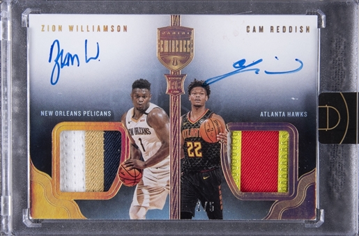 2019/20 Panini "Eminence" Rookie Dual Patch Autographs #RDP-ZC Zion Williamson/Cam Reddish Dual Signed Game Used Patch Rookie Card (#1/5) - Panini Encased